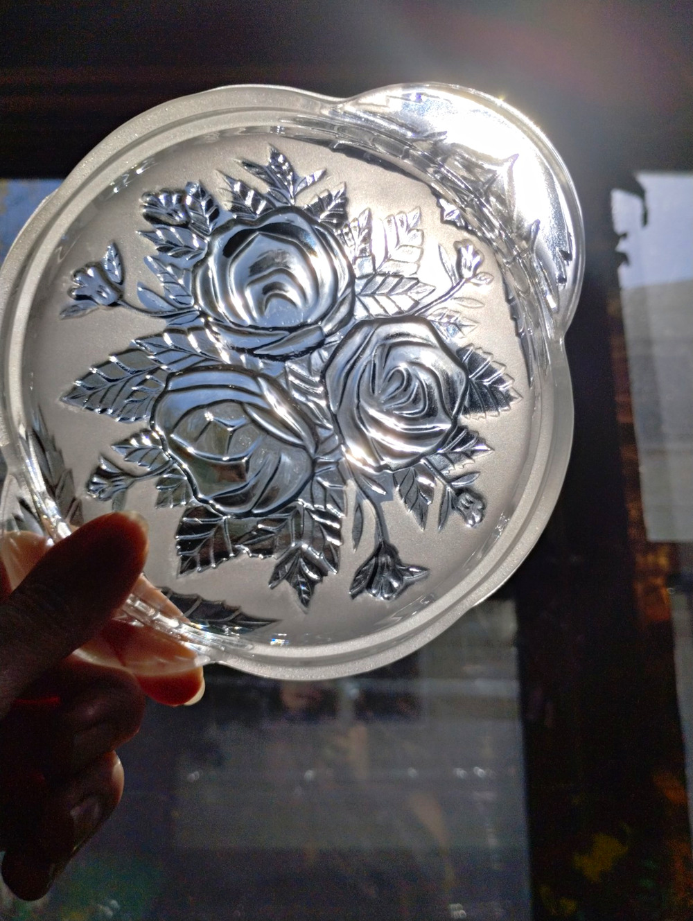 Vintage Clear Glass Rose Floral Embossed Handled Nappy Bowl 5"